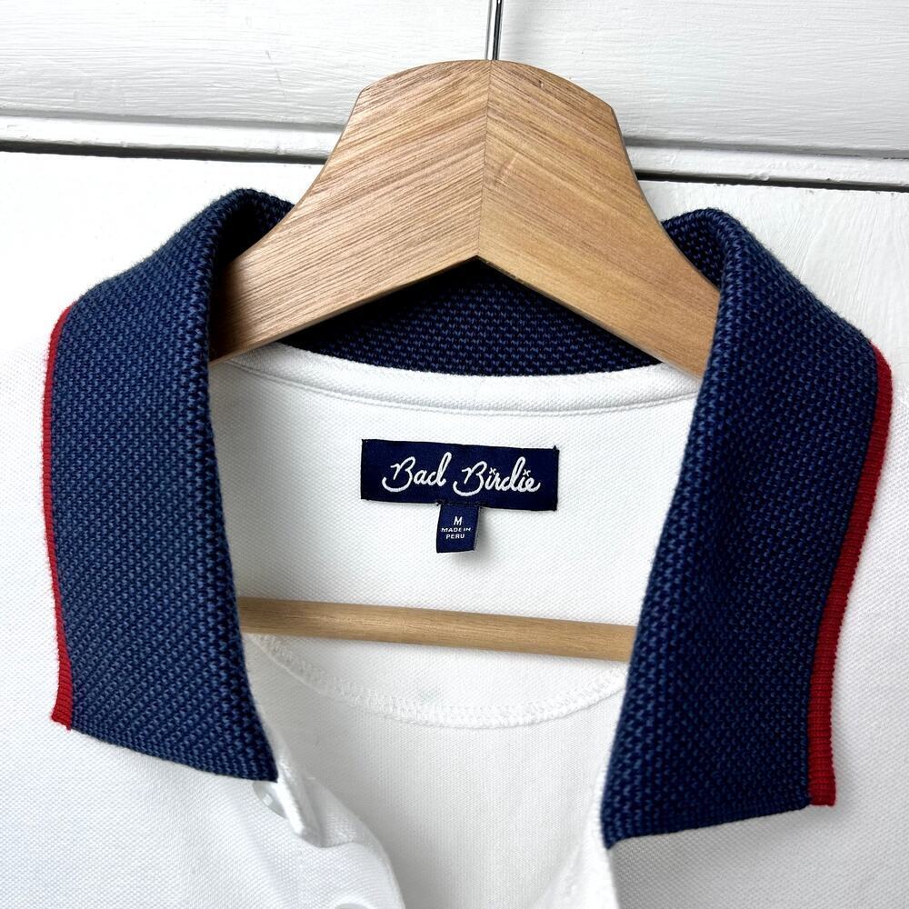 Bad Birdie Golf Polo White Navy Blue Red Pique Cotton Shirt Short Sleeve Medium - Picture 3 of 9